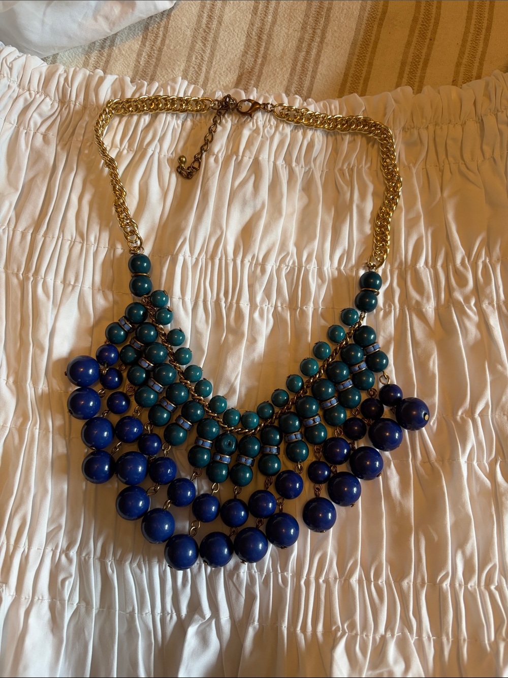 Gold Chain Statement Necklace with Teal and Royal Blue Beads
